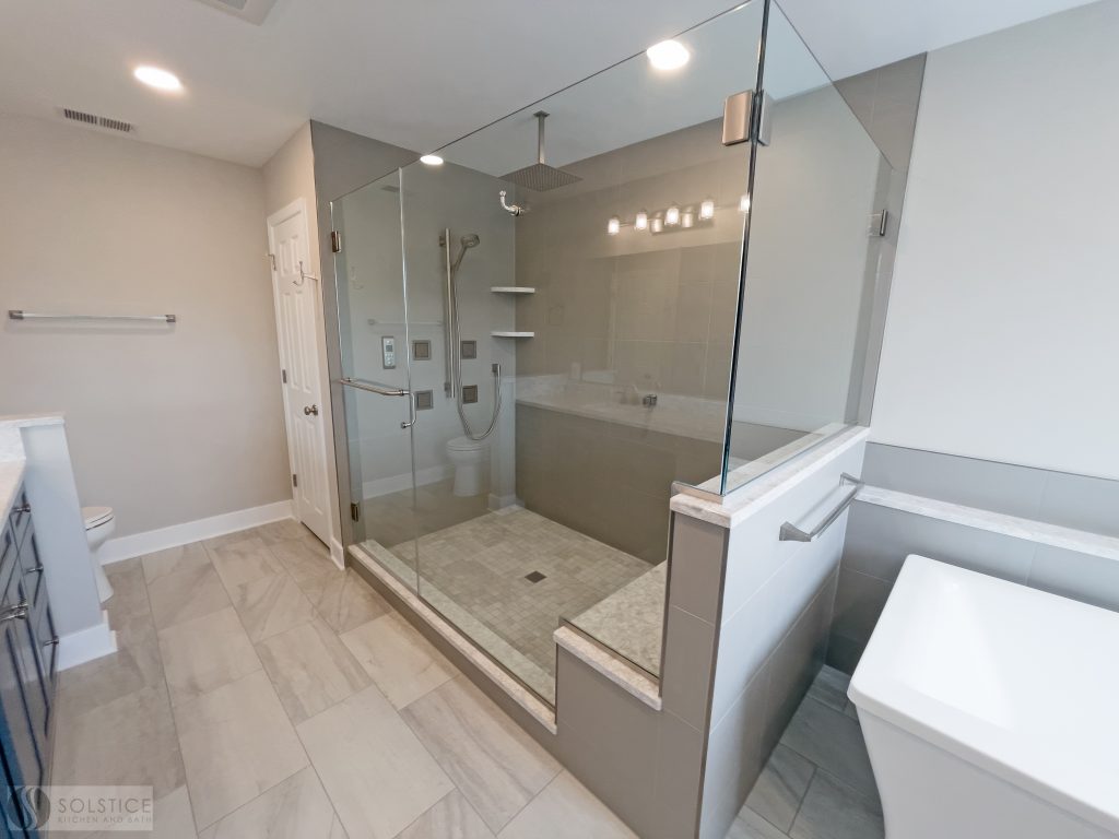 large shower and freestanding tub